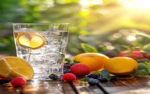 Glass of water with lemon, ice, and fresh fruits, symbolizing healthy hydration and wellness.
