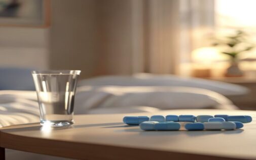 Blister pack of Kamagra 100mg pills on a bedside table with a glass of water, symbolizing discreet ED treatment.